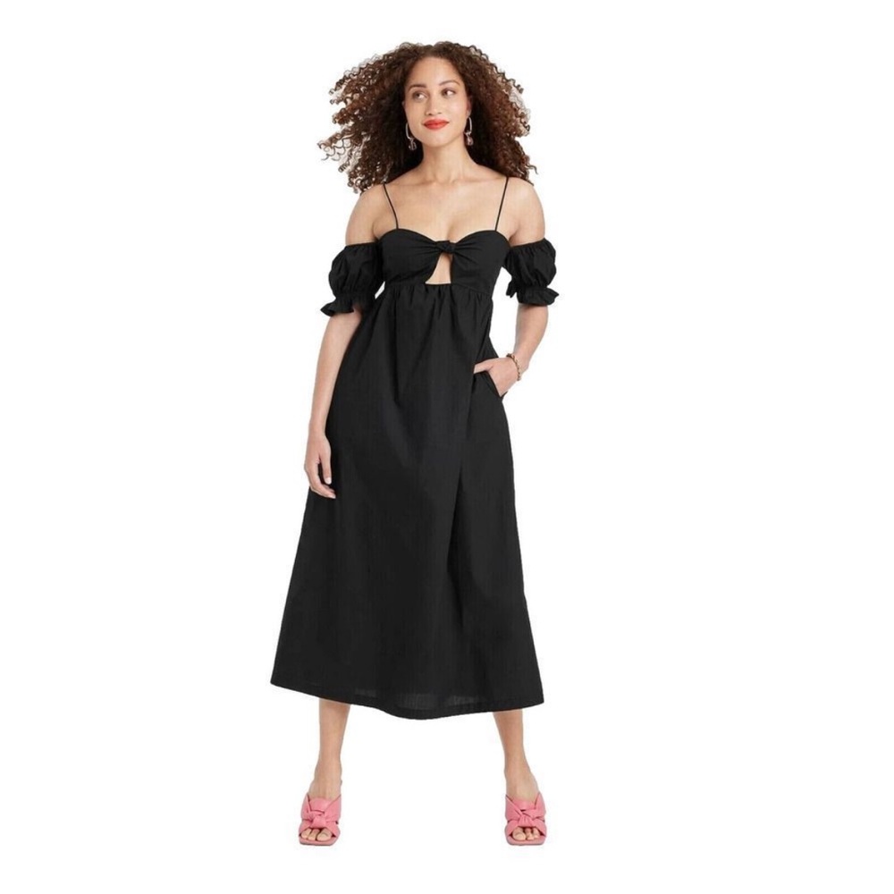A New Day Black Sleeveless Tie Front Midi Dress Size Small - Picture 2 of 11